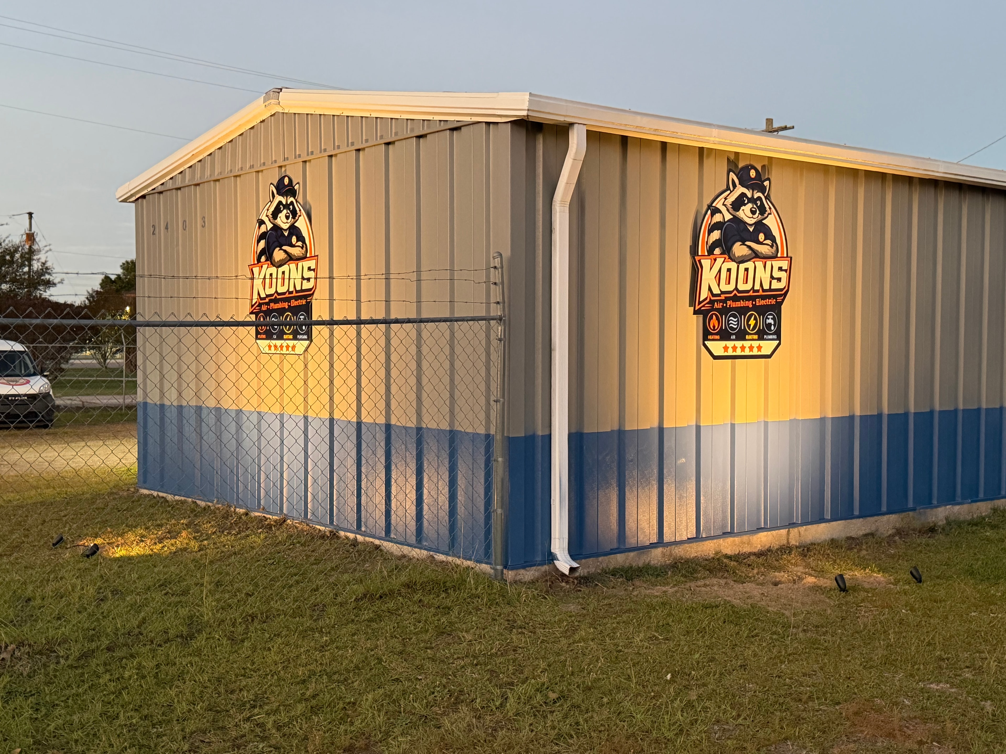 Koons Air facility building at sunset